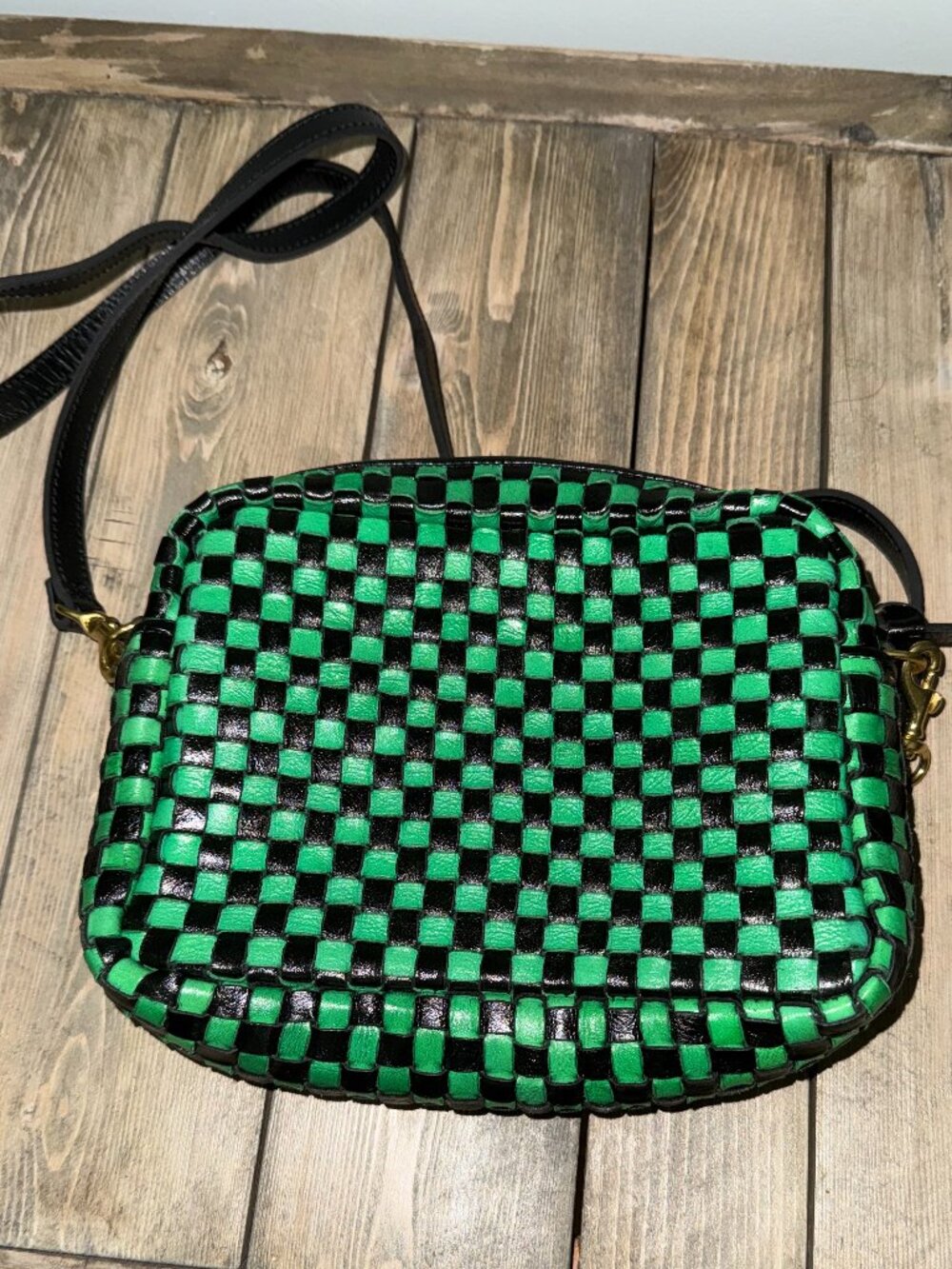 Clare V Midi Sac Green Black Woven Checker Leather Crossbody Bag